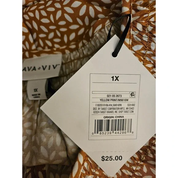 Ava & Viv Womens Plus 1X Yellow Print Smocked Neck Puff Sleeve NEW Boho Peasant - Picture 7 of 8